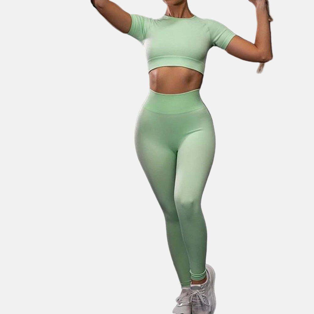 Seamless Yoga Sport Set Fitness Women Running Leggings Short Sleeve Tops