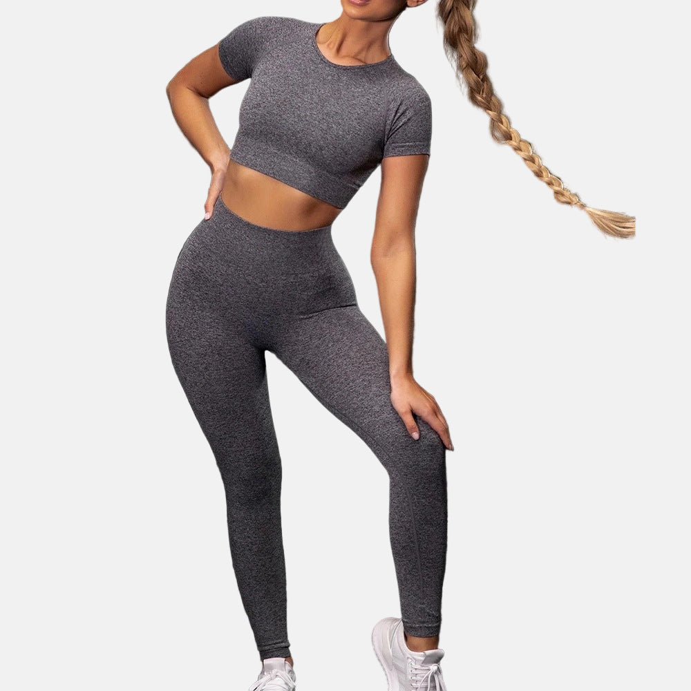 Seamless Yoga Sport Set Fitness Women Running Leggings Short Sleeve Tops