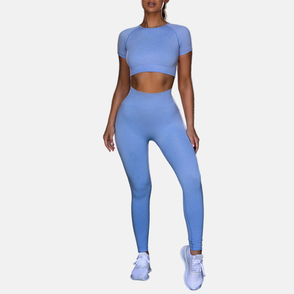 Seamless Yoga Sport Set Fitness Women Running Leggings Short Sleeve Tops