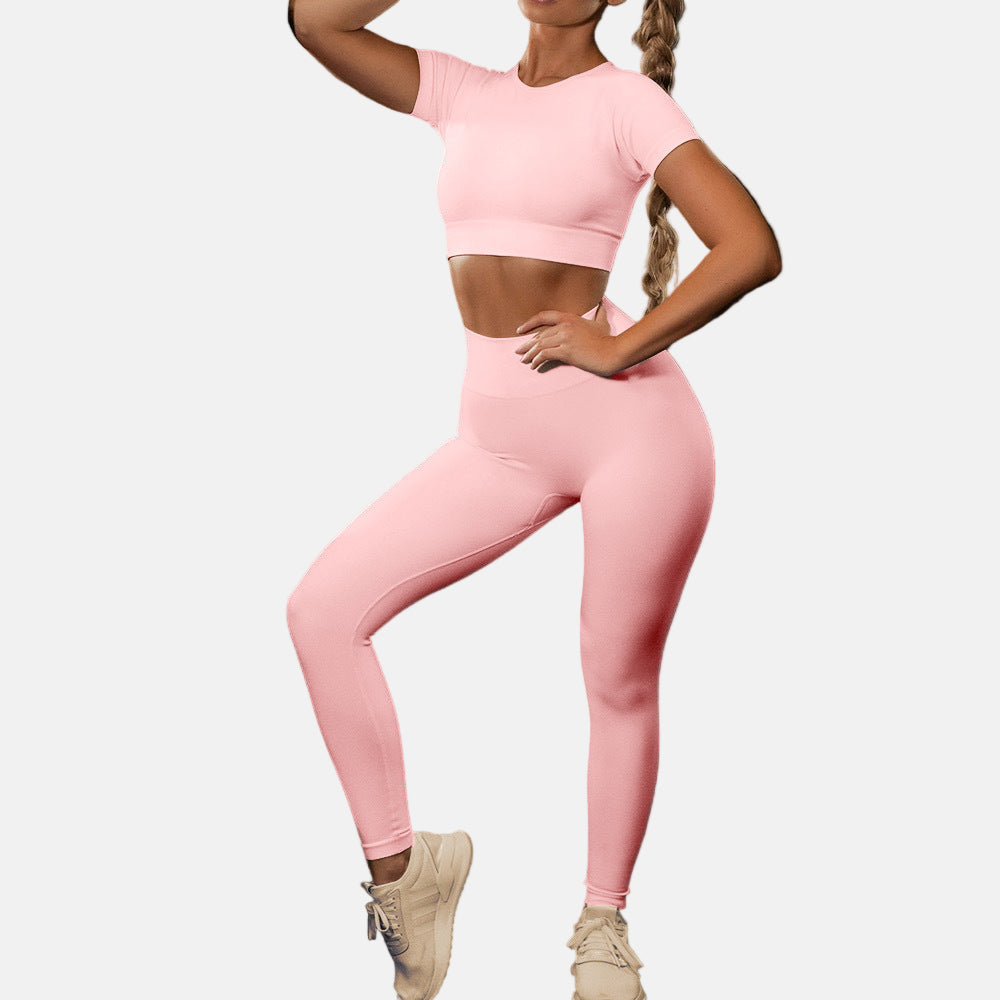 Seamless Yoga Sport Set Fitness Women Running Leggings Short Sleeve Tops